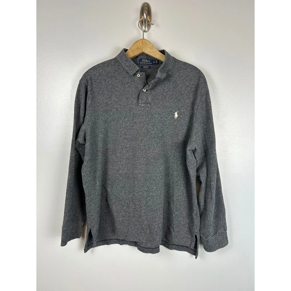 Polo Ralph Lauren XL Custom Fit Gray Long‎ Sleeve Cotton Polo Shirt Pony Preppy
